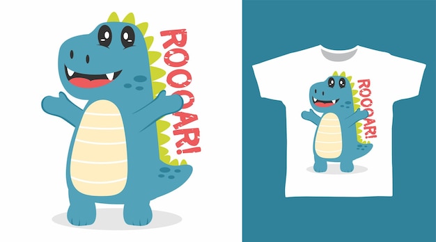 Design de arte de camiseta de desenho animado de dinossauro azul