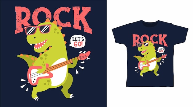 Design de arte de camiseta de desenho animado de rock de dinossauro