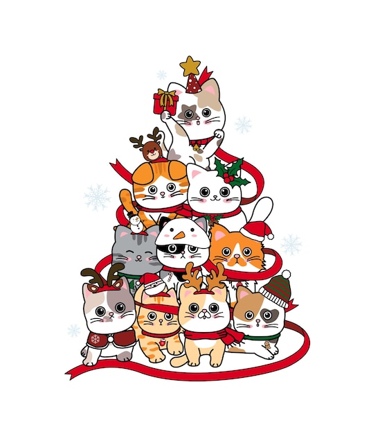 Design de árvore de Natal de gatos em ilustração vetorial de fundo branco