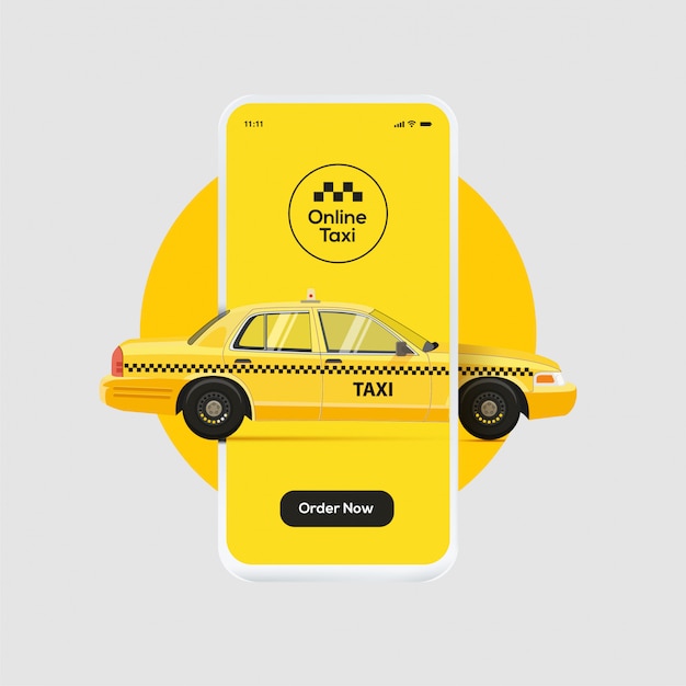 Design de bandeira de serviço de táxi on-line. táxi amarelo dirigindo através da tela do smartphone.