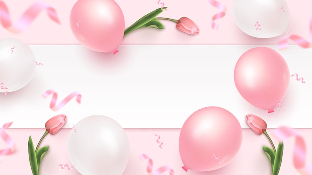 Vetor design de bandeira festiva com moldura branca, balões de ar rosa e branco, confetes de folha caindo e tulipas em fundo rosa. dia da mulher, dia das mães, aniversário, modelo de aniversário. ilustração