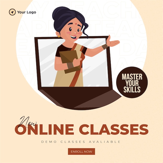 Vetor design de banner de aulas online gratuitas de ilustração em estilo de desenho animado