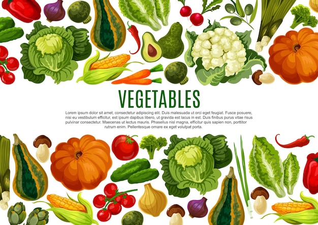 Vetor design de banner de borda de vegetais e cogumelos