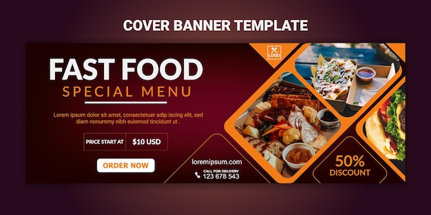 Design de banner de modelo de capa de facebook de menu de comida e restaurante