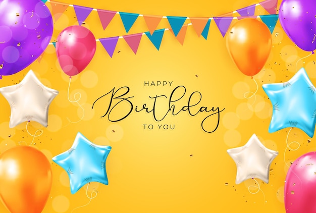 Design de banner de parabéns de feliz aniversário com balões de confete e fita brilhante brilhante