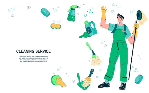 Design de banner de site de serviço de limpeza em ilustração vetorial de desenho animado estilo doodle Página da web de publicidade de empresa de limpeza ou modelo de folheto com ferramentas de limpeza e domésticas