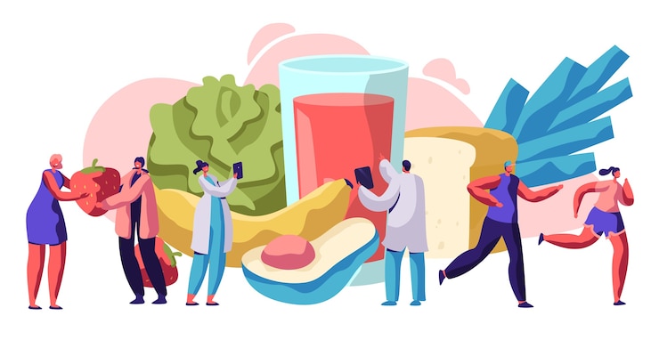 Vetor design de banner de tipografia de alimentos saudáveis frescos. refeição orgânica para o conceito de saúde de diabetes de dieta. salada e menu de frutas para vegetariano estilo de vida publicidade cartaz ilustração vetorial plana dos desenhos animados