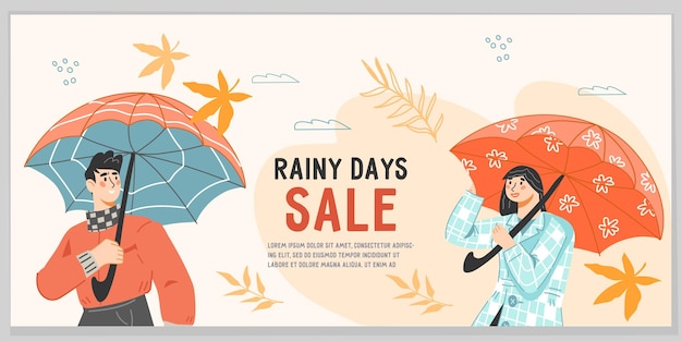 Design de banner de venda de outono com pessoas sob guarda-chuva ilustração vetorial plana