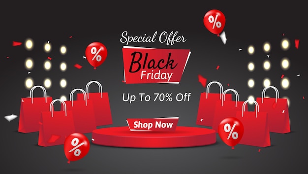 design de banner de venda de sexta-feira negra com balões de pódio e sacola de compras