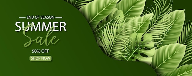Design de banner de venda de verão com fundo de folhas tropicais