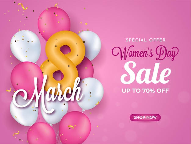 Design de banner de venda do dia da mulher com número 8 brilhante e balões de até 70% de desconto.