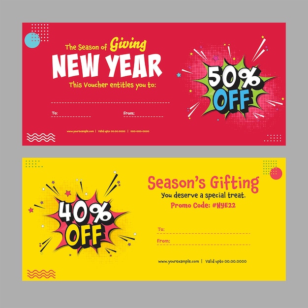 Design de banner de voucher de presente de ano novo com melhor oferta de desconto nas opções de cores vermelho e amarelo.