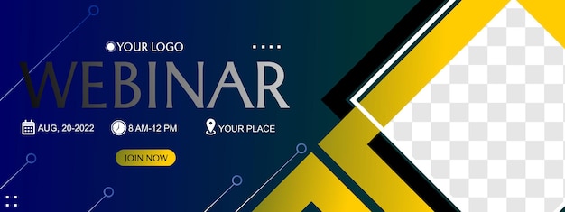 Design de banner de webinar de negócios. fundo azul com estilo moderno e elegante.