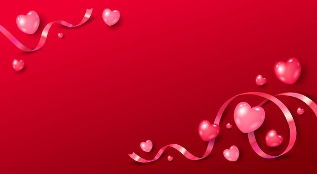 Vetor design de banner do dia dos namorados de corações com fita na ilustração vetorial de fundo vermelho