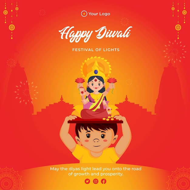Design de banner do feliz festival de diwali de modelo de estilo de desenho animado de luzes