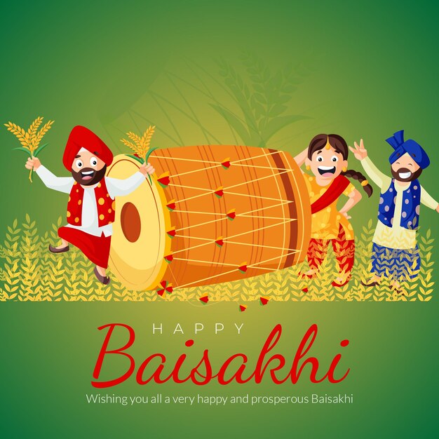 Design de banner do modelo de estilo de desenho animado feliz festival baisakhi