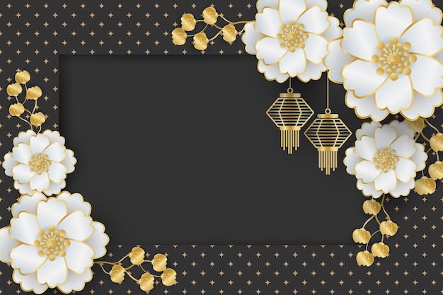 Design de banner festival chinês com lâmpadas de ouro e flores em fundo preto com moldura