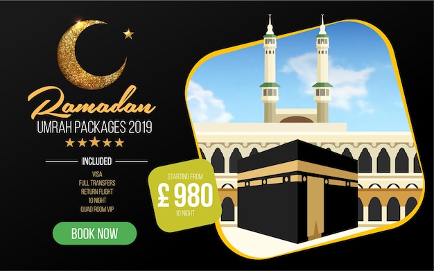 Design de banner ou panfleto para anúncios de pacotes de umrah - reserve pacotes baratos de umrah do ramadã