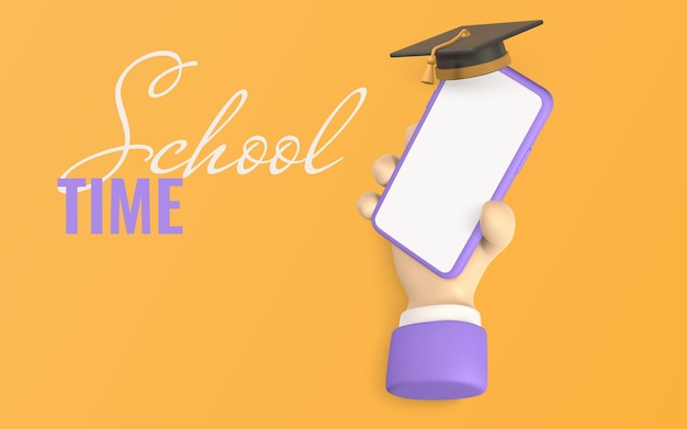 Design de banner promocional de tempo escolar 3D Mão de personagem de desenho animado bonito segurando telefone inteligente móvel com chapéu de formatura Ilustração vetorial