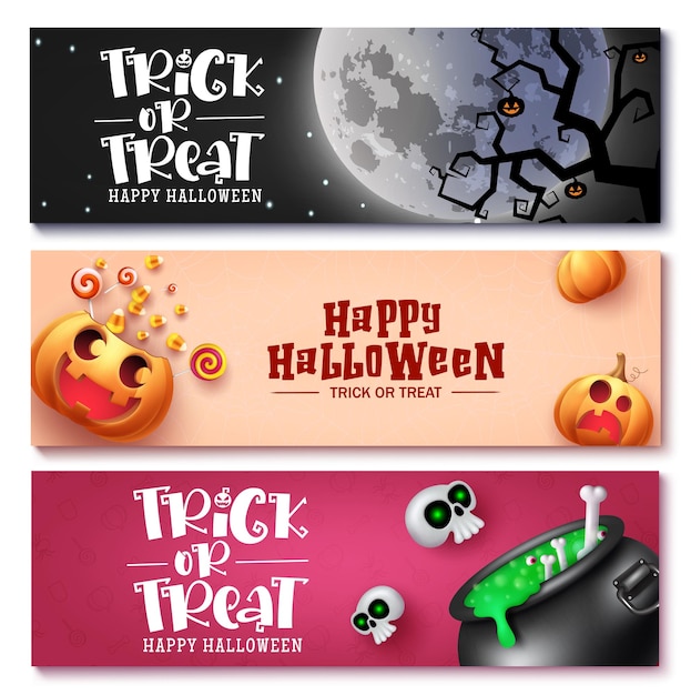 Vetor design de banner vetorial de tags de halloween coleção de layout de cartão de saudação e convite de doces ou travessuras