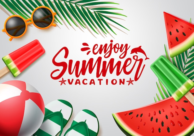 Design de banner vetorial de verão texto de férias de verão com elementos de praia e frutas tropicais