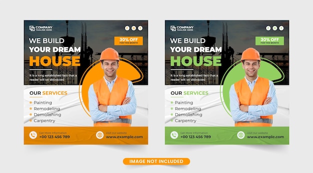 Design de banner web de construção de casa criativa com cores verdes e amarelas Modelo de serviço de reparo de casa com formas abstratas para marketing de mídia social Vetor de modelo de renovação doméstica moderna