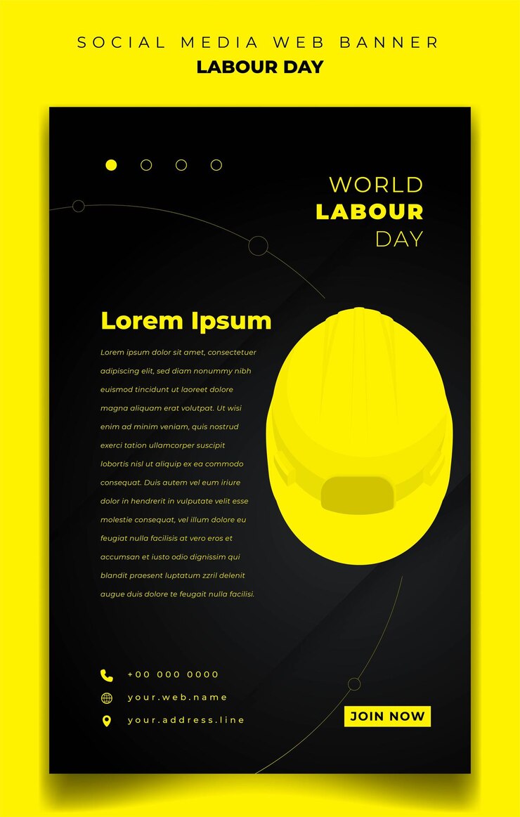 Vetor design de banner web de retrato para o dia do trabalho com design de fundo preto e amarelo