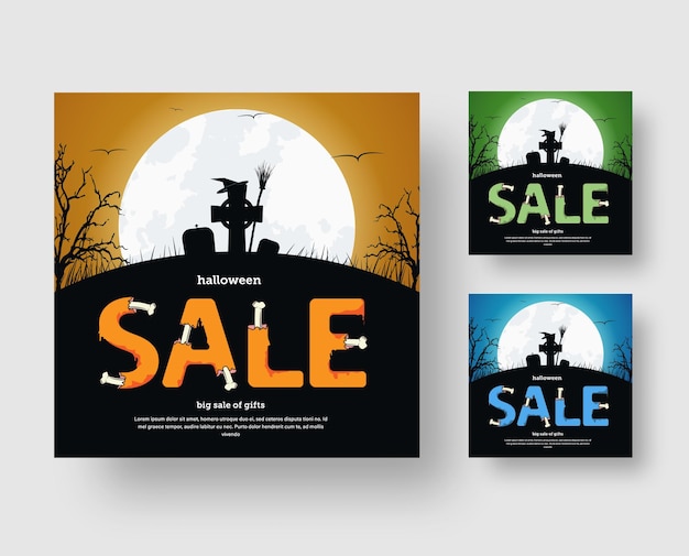 Design de banner web quadrado para redes sociais para uma liquidação de halloween com um cemitério e texto dos ossos