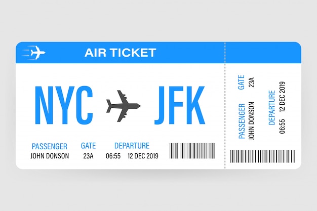Design de bilhete de avião moderno e realista com tempo de voo e nome do passageiro. ilustração do vetor