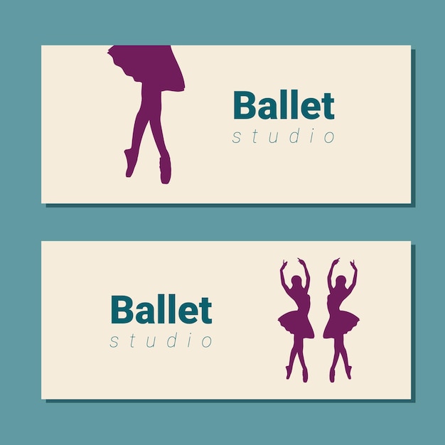 Design de bilhete de teatro Modelo de panfleto de escola de balé Silhueta de bailarina no tutu e sapatilha de ponta Design de cartão azul e roxo Ilustração em vetor