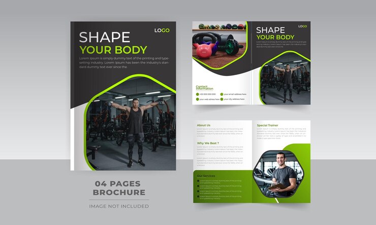 Vetor design de brochura dobrável de 4 páginas body fitness para empresas de ginástica