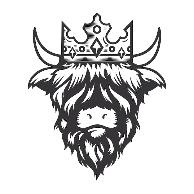 Design de cabeça de rei de vaca das terras altas com coroa de realeza, logotipos ou ícones de vacas de animais de fazenda, ilustração vetorial