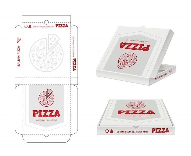 Design de caixa de pizza. desembrulhe o modelo realista de pacote de pizza de fastfood