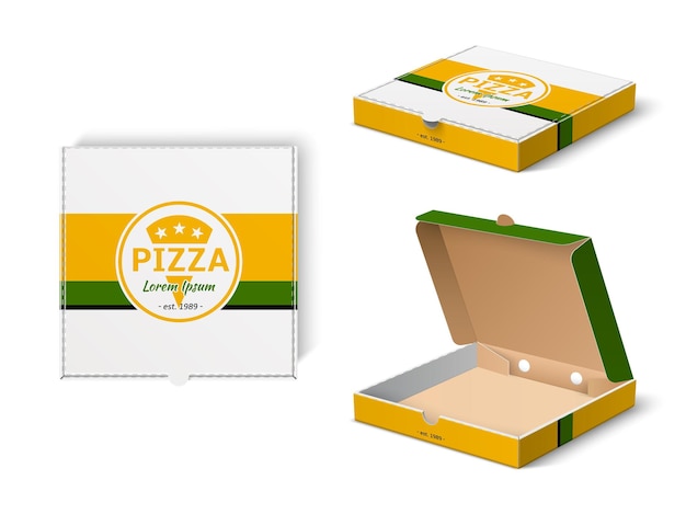 Vetor design de caixa de pizza. maquete realista de fast food, embalagem de papelão da marca com logotipo de pizzaria, modelo de caixa de entrega de restaurante para transporte com conjunto de vetores de emblema de publicidade