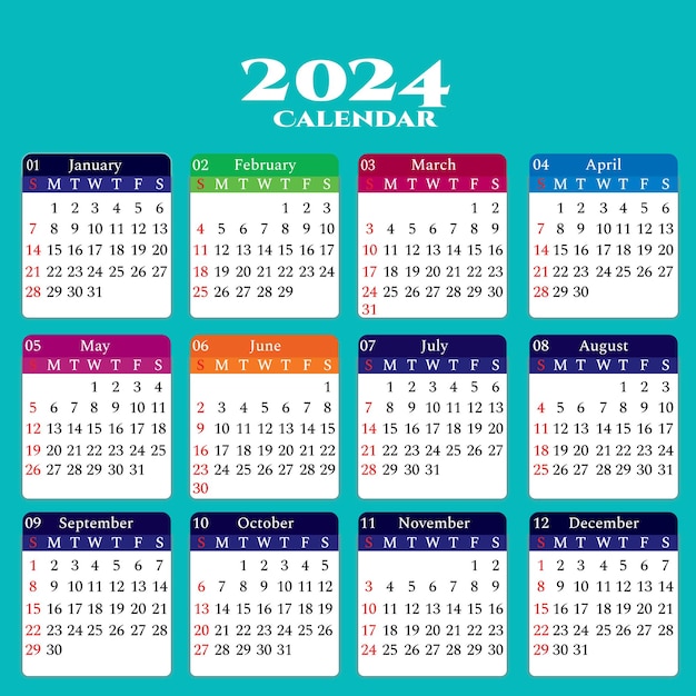 Design de calendário 2024 colorido Vetor Premium