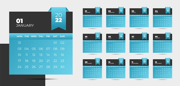 Design de calendário de ano novo de 2022 em estilo moderno em estilo fita