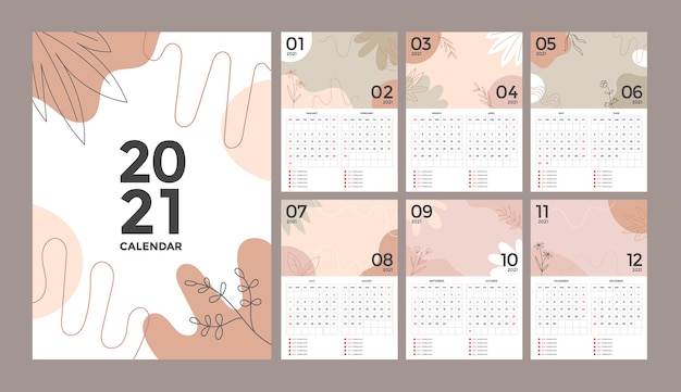 Design de calendário de parede criativo floral abstrato com semana começa no domingo