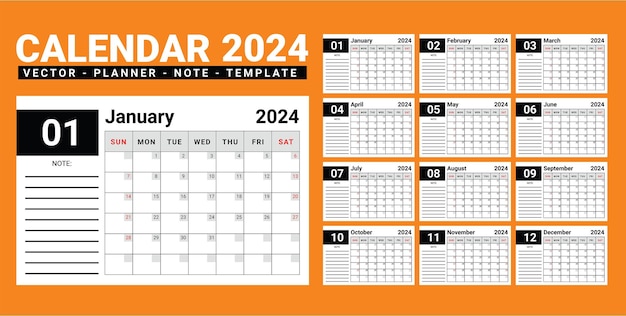 Vetor design de calendário planejador de mesa 2024 com modelo de vetor de espaço de nota