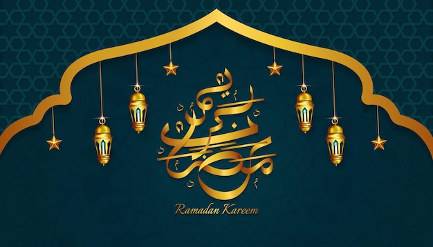 Design de caligrafia ramadan kareem dourado com ilustração de fundo de ornamentos