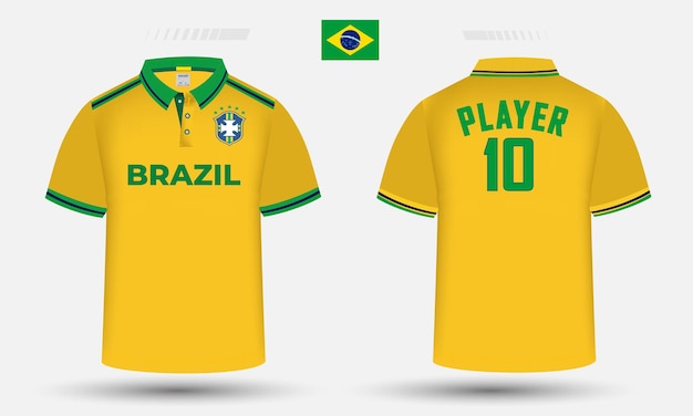 Design de camisa do time de futebol do brasil junto com a bandeira e o ícone do brasil design de camisa polo masculina