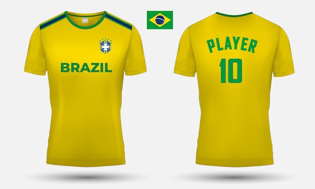 Vetor design de camisa do time de futebol do brasil junto com a bandeira e o ícone do brasil. design e maquete de jersey