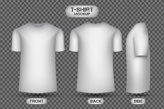 Vetor design de camiseta branca simples, com vista frontal, traseira e lateral, vetor de maquete de camiseta estilo 3d