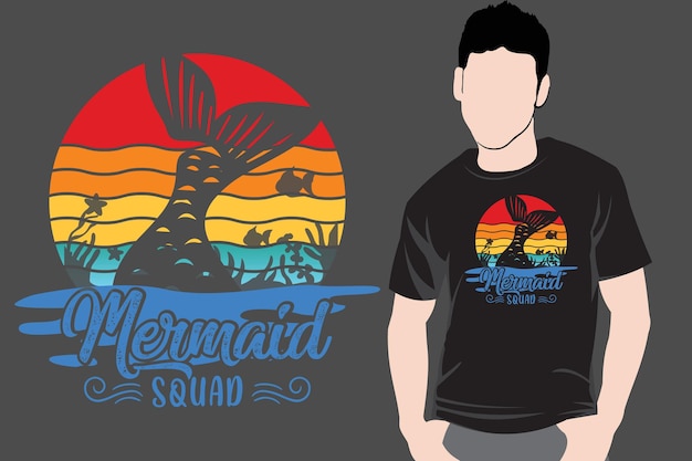 Design de camiseta com design de camiseta de vetor de estilo vintage colorido de sereia