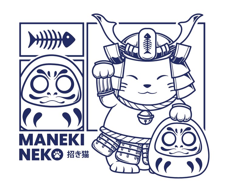 Vetor design de camiseta com ilustração de gato da sorte japonês maneki neko
