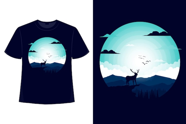 Design de camiseta da natureza veado montanha luz céu noturno pinheiro estilo ilustração plana