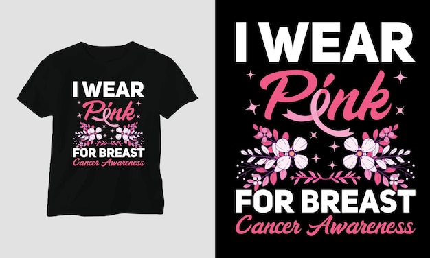 Vetor design de camiseta de conscientização do câncer de mama com fita de flores e citações de motivação