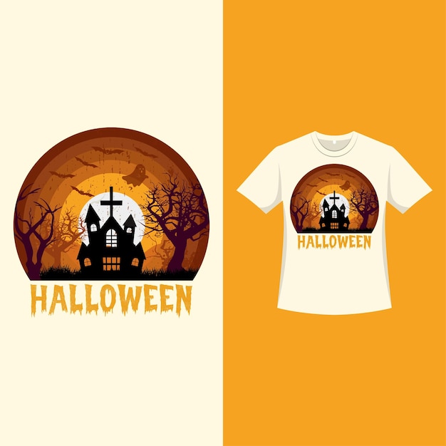 Vetor design de camiseta de cor retrô elegante de halloween com silhueta de árvores mortas e uma casa assombrada design de camiseta assustador de halloween com cor vintage e caligrafia design de moda assustador para o halloween