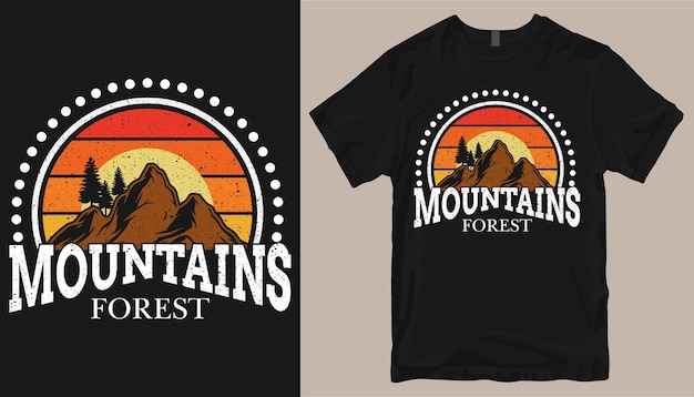 Design de camiseta de floresta de montanhas com maquete de camiseta preta