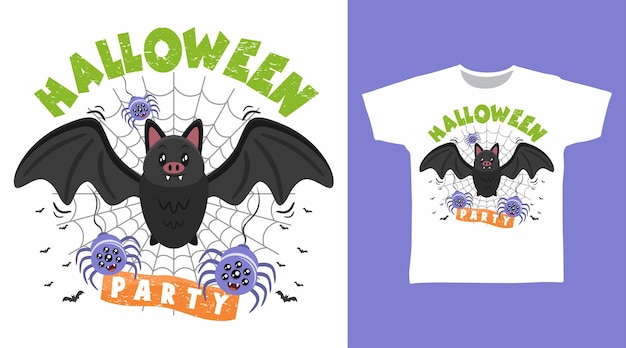 Vetor design de camiseta de halloween de morcego e aranha