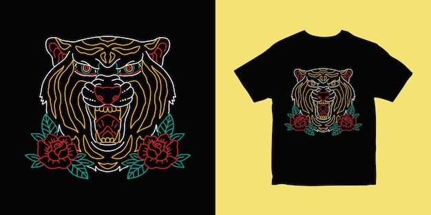 Design de camiseta de ilustração de contorno de flor de tigre